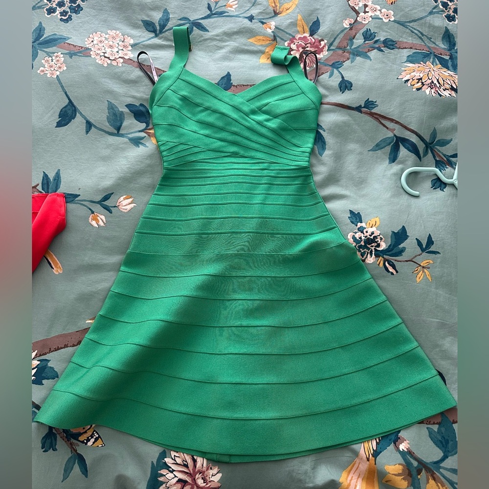 Herve Leger Green Ribbed Strapless Sheath Dress